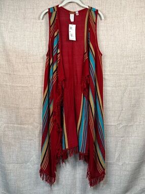 Cardigan Maxi Sweater Sleeveless NWT Red Blue Fringe Knit Women's Large